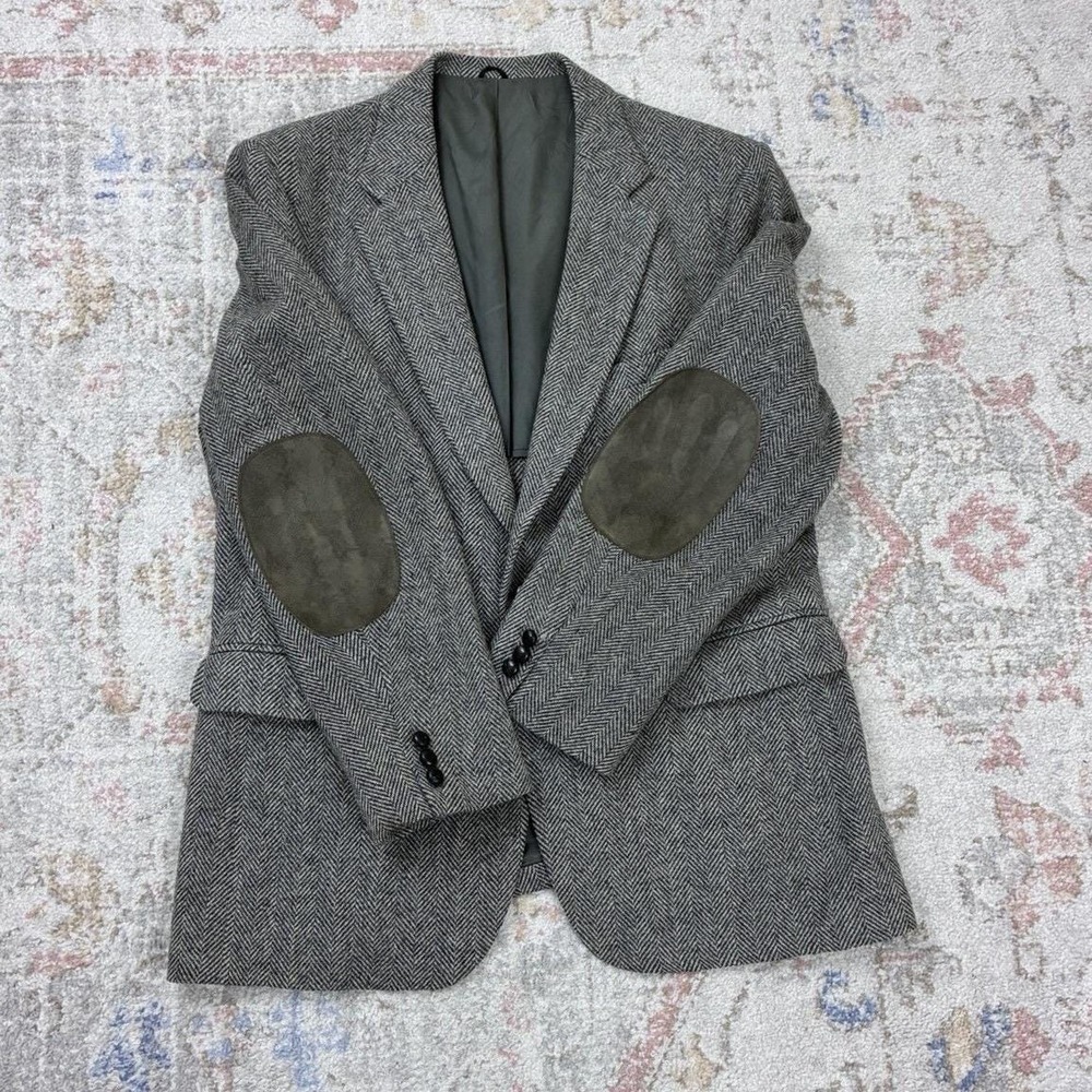 90's Stafford Grey Herringbone Tweed Blazer Dark Academia Goblincore 44R - Picture 8 of 10